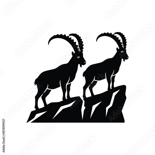 Two steinbock standing on a rock silhouette vector art illustration