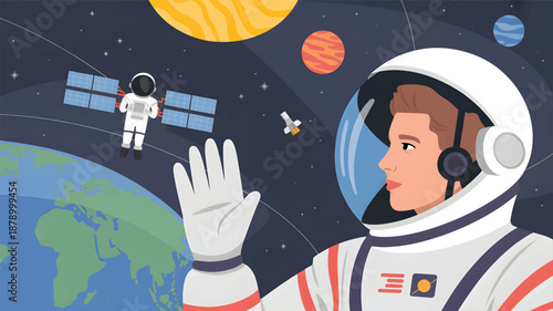 Astronaut in space suit waving hand with Earth and planets in background helmet glove
