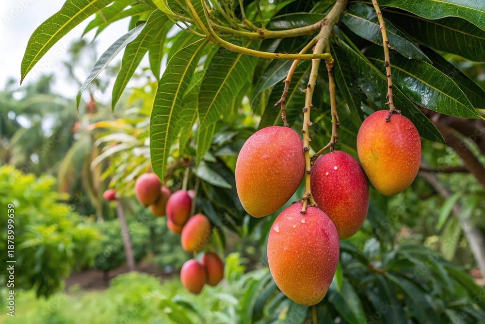 Obraz premium A tree with many ripe mangoes hanging from it