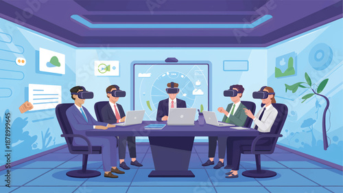 Five people in business attire using V R headsets in a futuristic meeting room with blue walls