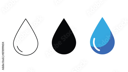 Three distinct styles of water drop icons are presented in a row showing outline solid and colorful liquid variations for digital use