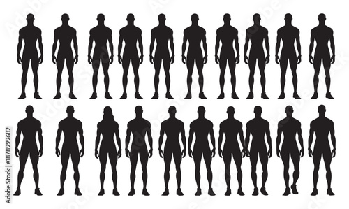 Set of standing male silhouettes: Front view of human body figures isolated on white