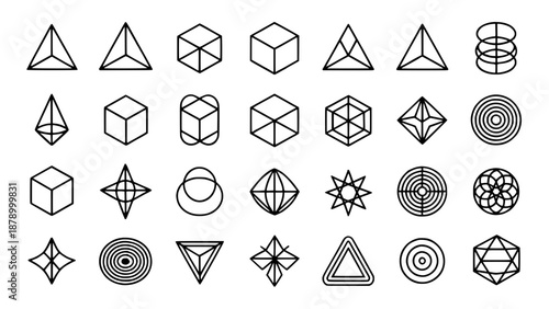 Collection of minimalist geometric and mathematical symbols and icons, clean outline style, on white background, abstract shapes