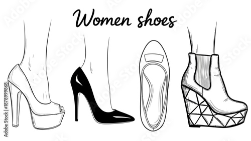 A stylish illustration of women wearing different shoes including high heels and boots on a white background work.