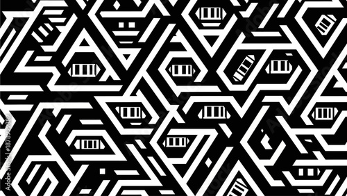 Geometric pattern with black and white shapes fills entire space