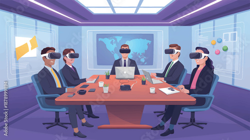 Five people wearing VR headsets are sitting around a conference table with laptops and a map