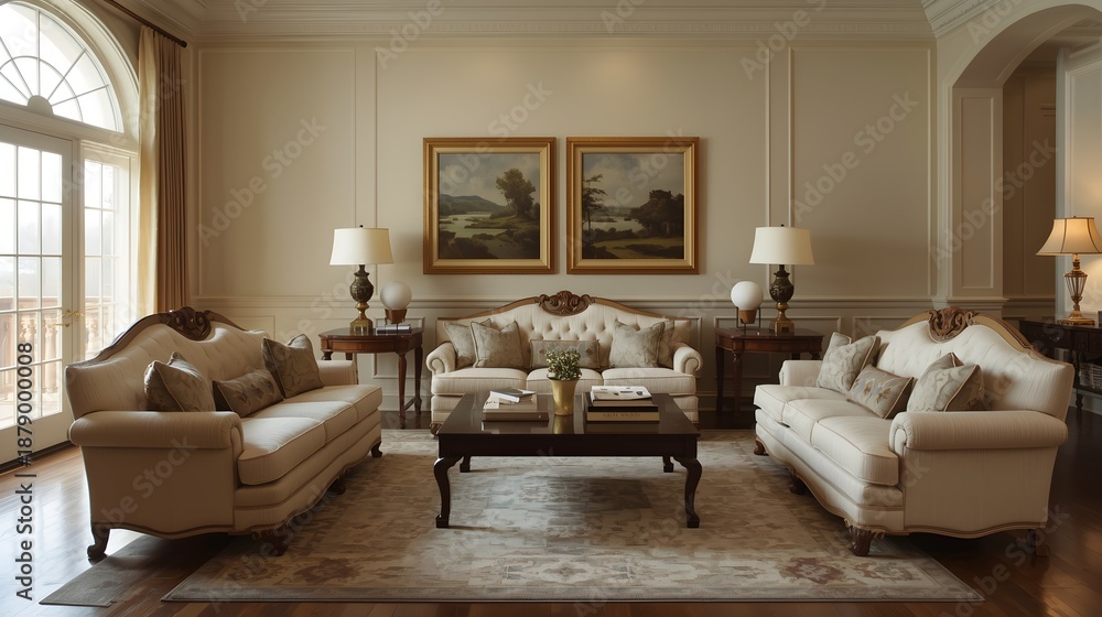 Obraz premium Elegant Luxury Living Room with Classic Furniture, Neutral Tones, and Artwork in Bright Sunlit Interior