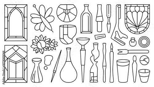 Collection of stained glass crafting tools, glass bottles, flower motifs, and window frame designs in a minimalist outline style.