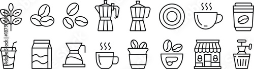 Coffee icon set, black-and-white line art, brewing tools, beans, cups, plant, grinder, minimalist style, beverage theme, café symbols