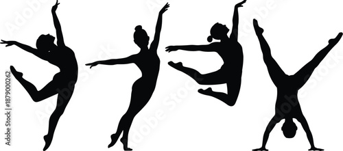 Dancer silhouettes illustration, dynamic poses, expressive movement, graceful balance, black figures, white background, dance art, athletic motion, elegant style