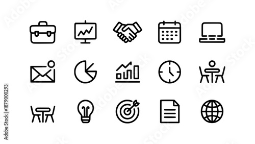 Clean outline vector icons for business, finance, and office work: briefcase, graph, handshake, calendar, laptop, email, pie chart, bar chart, clock, meeting, lightbulb, target, document, globe.