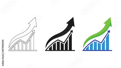Set of three distinct icon variations representing business growth statistics trends and upward financial market trajectory across different design styles clearly illustrating positive progress