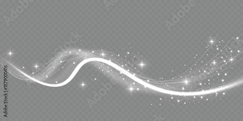 Flowing white light wave with sparkling particles on transparent background.