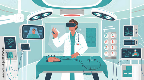 A doctor using a virtual reality headset in a high-tech medical operating room with screens 