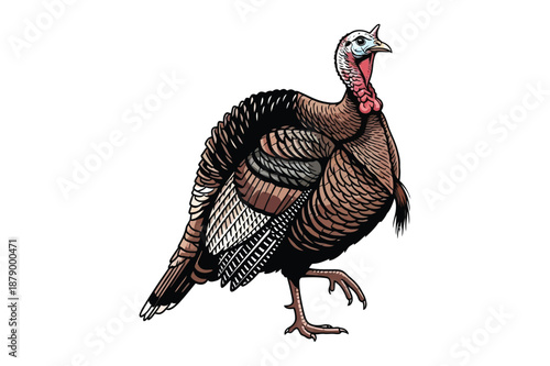 Detailed Wild Turkey Tom Illustration on White Background