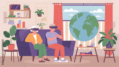An elderly couple sitting on a purple couch, wearing virtual reality headsets in a cozy living room with plants