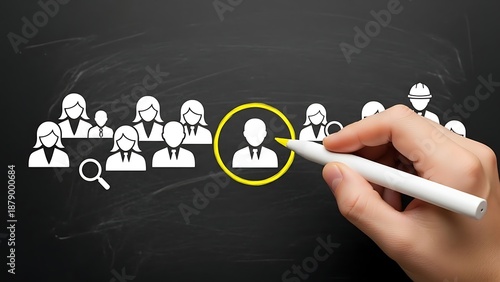 Hand drawing a circle around a person icon on a chalkboard to represent selection