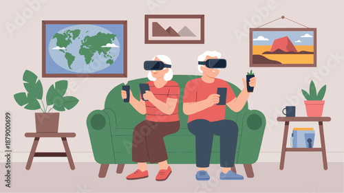 An elderly couple wearing VR headsets is sitting on a green couch with plants and framed VR headsets