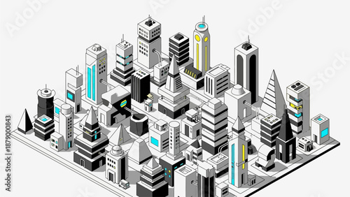 Isometric illustration of a modern urban district featuring high-rise buildings, offices, residential towers, and organized streets in a clean geometric layout. This cityscape represents metropolitan 