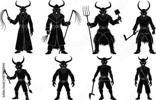 Black And White Vector Illustration Of Multiple Krampus Or Horned Devil Silhouettes Carrying Whips Pitchforks And Chains For Folklore Halloween And Mythical Creature Design