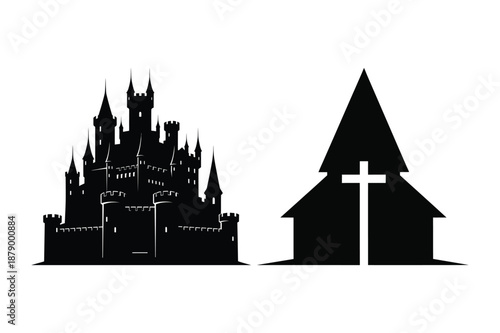 Medieval Castle and Christian Church Architecture Silhouettes