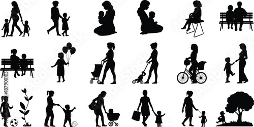 Parenting silhouettes illustration, caregiving scenes, mother and child, nurturing moments, black figures, white background, childhood development, family theme