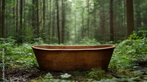 This enchanting image features a rustic wooden bathtub elegantly placed in a serene forest setting, inviting relaxation within nature's soothing embrace.