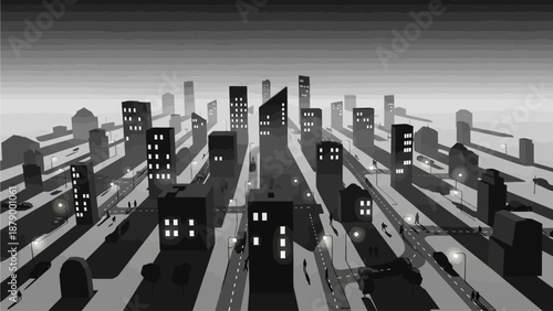 An isometric illustration presenting a mixed-use urban area that combines residential buildings, small commercial spaces, roads, and green zones within a compact city layout. The image represents bala