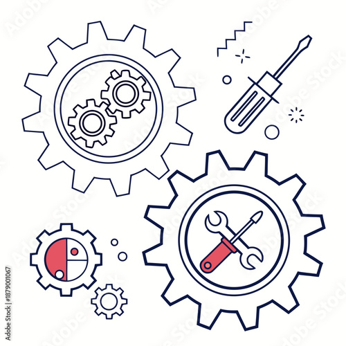Illustration of interconnected gears and tools