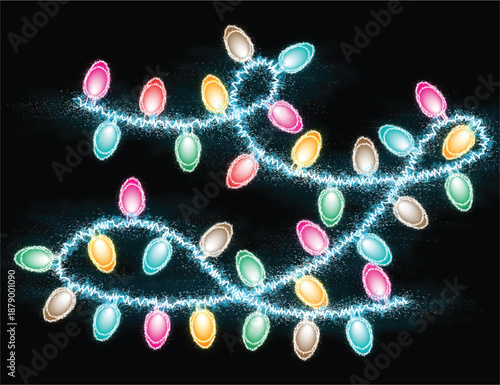 Colorful String Lights Glowing on Dark Background, Festive Holiday Decoration