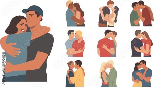 Romantic couple illustration, hugging, kissing, diverse love, affectionate poses, emotional connection, inclusive relationships, cartoon style, warm embrace, human bonding