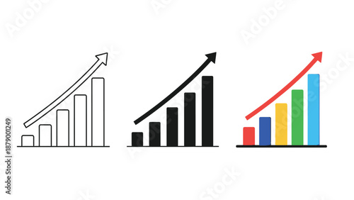 Collection of three distinct style representations of an ascending bar chart featuring an upward trend line indicating business growth and positive financial results