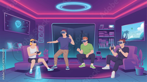 A group of people playing virtual reality games in a futuristic room with VR headsets and controllers