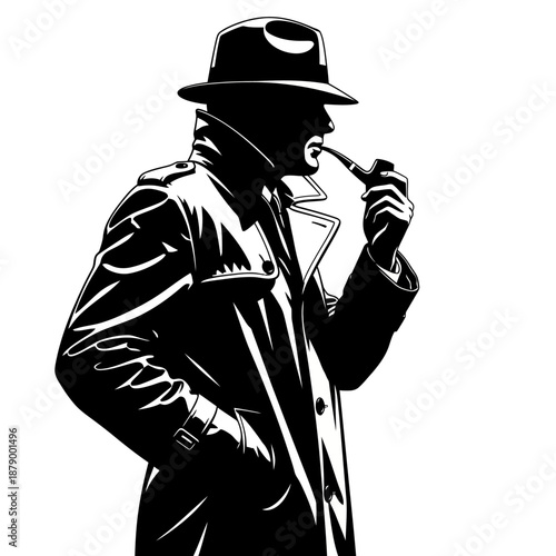 Classic Detective Silhouette Smoking Pipe in Trench Coat Against White Background.