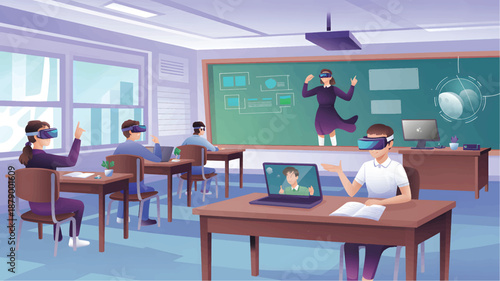 Students in the classroom using virtual reality headsets with teacher projection on a green chalkboard