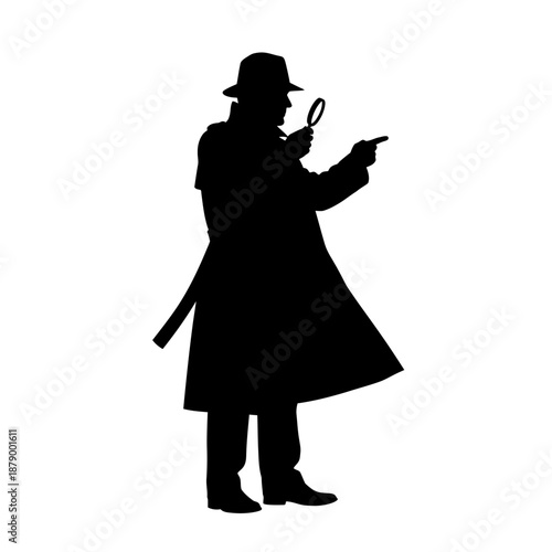 Silhouette of a Detective Holding Magnifying Glass Investigating a Case.