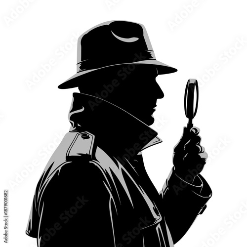 Silhouette of a Detective Holding Magnifying Glass for Investigation.