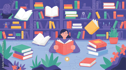A girl reading a book surrounded by flying books in a library setting