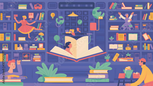 Colorful of people reading and interacting in a library with an open book in the center books