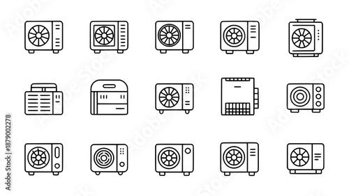 Collection of 15 flat outline icons representing various HVAC and climate control units, including air conditioners and ventilation systems