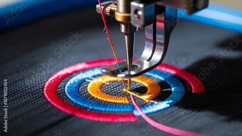 Industrial embroidery machine stitching colorful textile pattern
