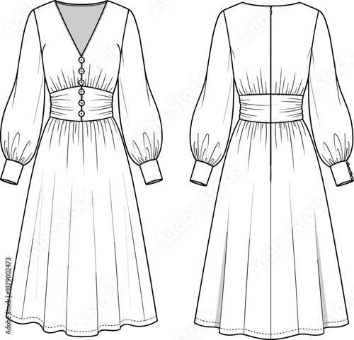 Technical fashion sketch, bishop sleeve dress front and back, pleated skirt and button-down bodice, flat vector illustration