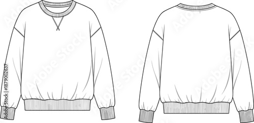 Technical fashion sketch of crewneck sweatshirt, front and back views with ribbed cuffs and V-stitch detail, vector illustration
