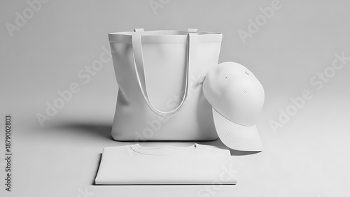 Blank white apparel collection featuring a foldable t-shirt, casual baseball cap, and reusable tote bag for custom branding and merchandising mockups, perfect for design presentation
