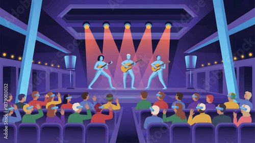 People with VR headsets watching a virtual concert with three guitarists on stage virtual reality