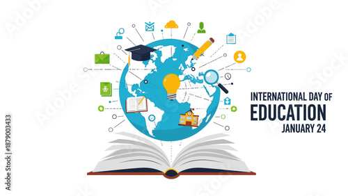 Graphic illustration of an open book with a globe on top surrounded by education-related icons for International Day of Education.
