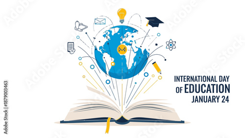 Illustration of a globe surrounded by education-related icons emerging from an open book on International Day of Education January 24, with a bright and informative style.