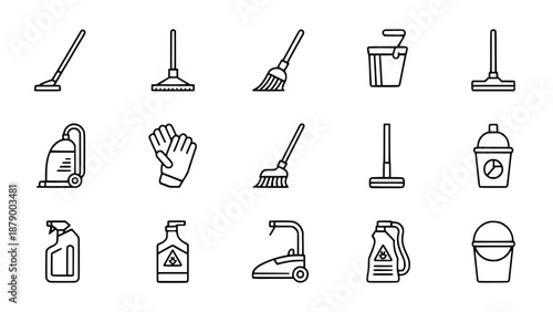 Collection of 15 black outline icons for cleaning services: mops, brooms, vacuum, gloves, spray bottles, bucket, and floor polisher