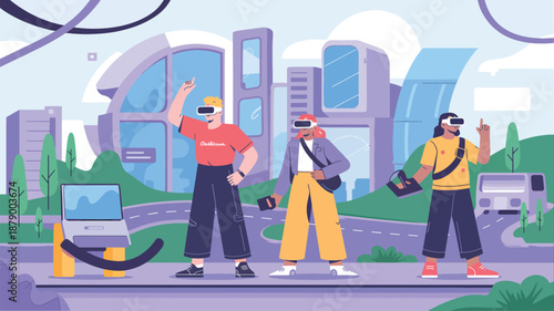 Three people wearing VR headsets standing on a futuristic road with buildings and nature