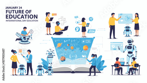 Illustration of diverse people engaging in various educational activities around an open book with a futuristic funnel, conveying happy education in a minimalist style with blue tones.